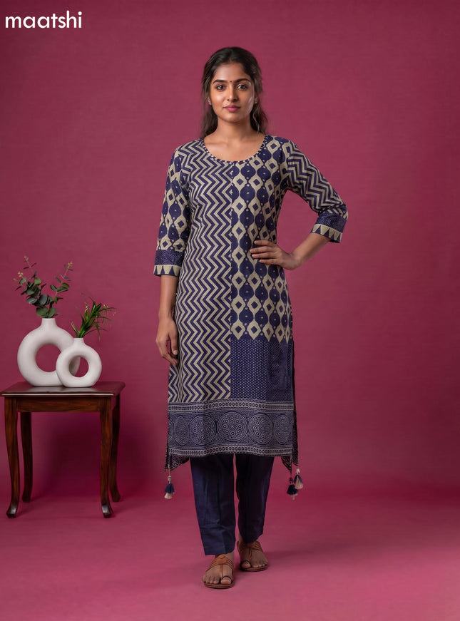 Beige and Navy Blue Art Tussar Printed & Embroidery Work Fish Cut Kurti Set