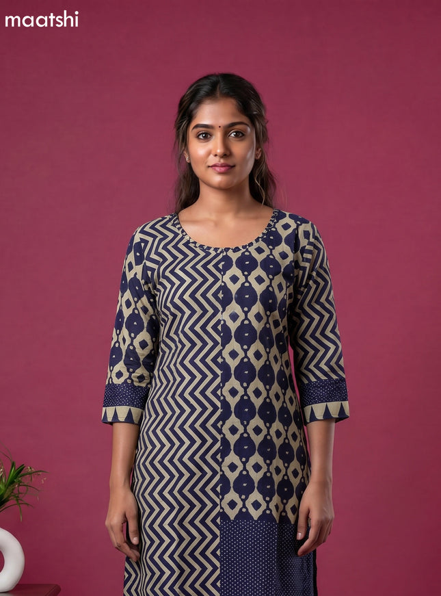 Beige and Navy Blue Art Tussar Printed & Embroidery Work Fish Cut Kurti Set