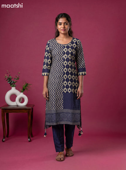 Beige and Navy Blue Art Tussar Printed & Embroidery Work Fish Cut Kurti Set