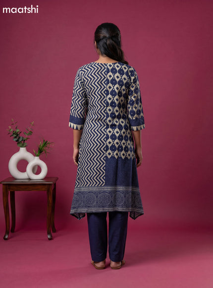 Beige and Navy Blue Art Tussar Printed & Embroidery Work Fish Cut Kurti Set