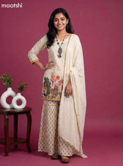 Cream Art Tussar Printed Straight Suit