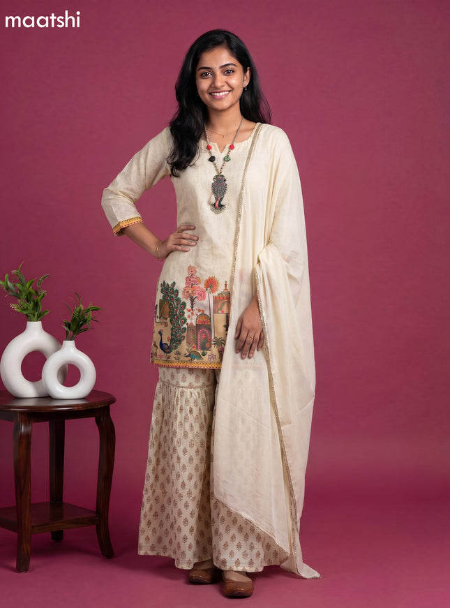 Cream Art Tussar Printed Straight Suit