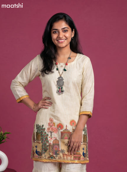 Cream Art Tussar Printed Straight Suit
