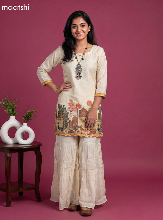 Cream Art Tussar Printed Straight Suit