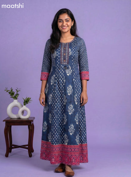 Dark Peacock Blue Art Tussar Printed Anarkali Kurti