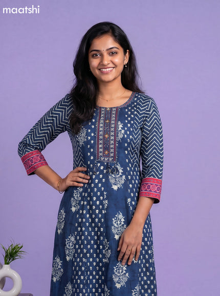 Dark Peacock Blue Art Tussar Printed Anarkali Kurti