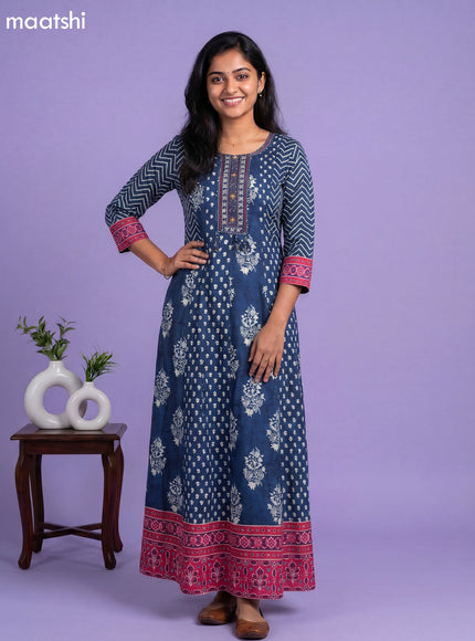 Dark Peacock Blue Art Tussar Printed Anarkali Kurti