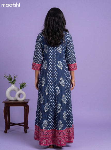Dark Peacock Blue Art Tussar Printed Anarkali Kurti