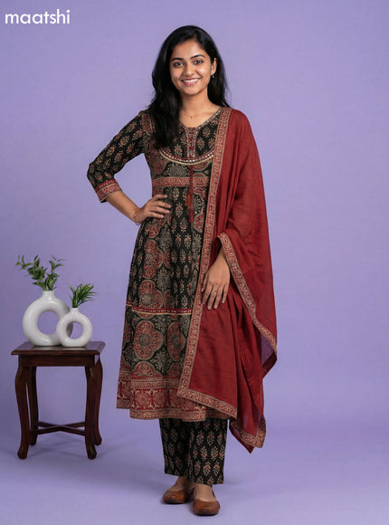 Mehendi Green Cotton Ajrakh Printed & Embroidery Work Anarkali Suit