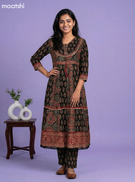 Mehendi Green Cotton Ajrakh Printed & Embroidery Work Anarkali Suit