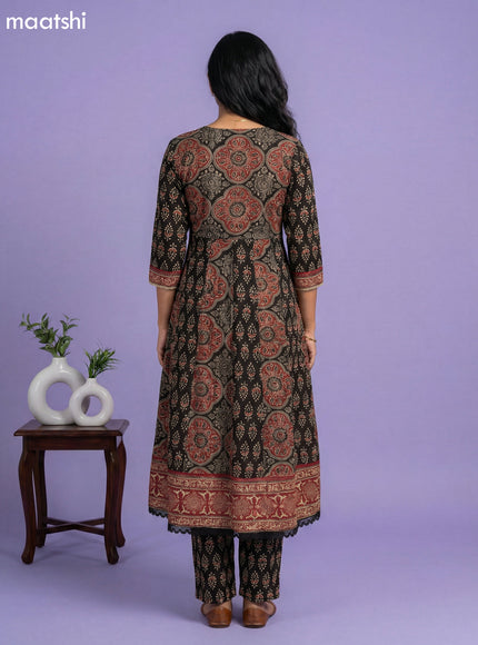 Mehendi Green Cotton Ajrakh Printed & Embroidery Work Anarkali Suit