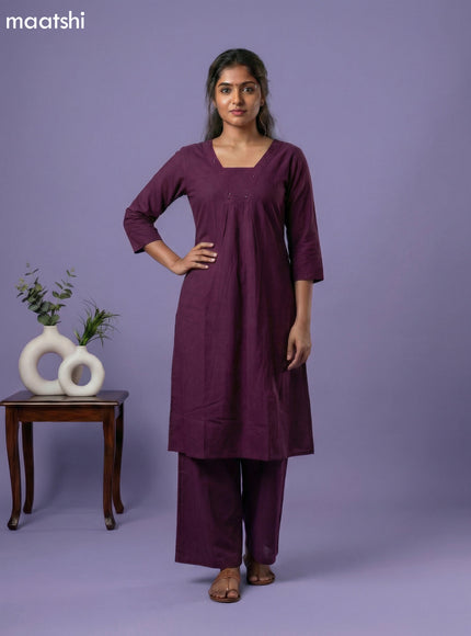 Purple Cotton Embroidery & Mirror Work Kurti Set