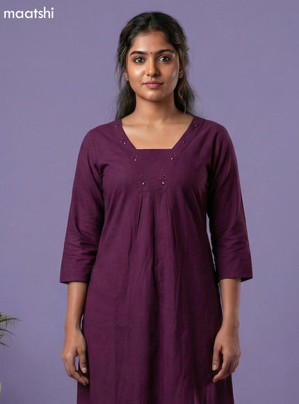 Purple Cotton Embroidery & Mirror Work Kurti Set