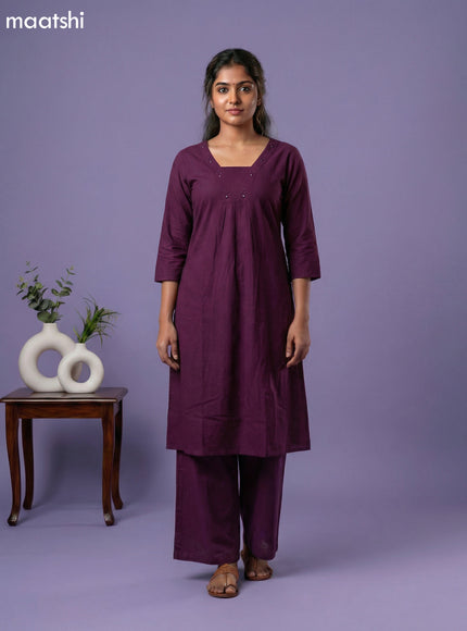 Purple Cotton Embroidery & Mirror Work Kurti Set