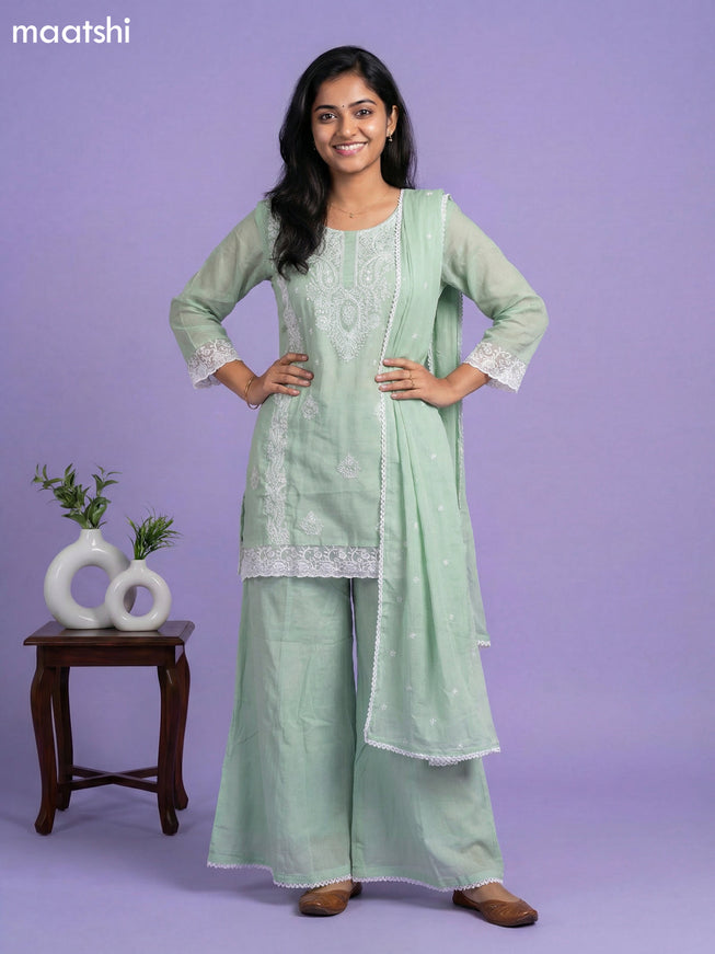 Pastel Green Cotton Embroidery Work Short Straight Suit