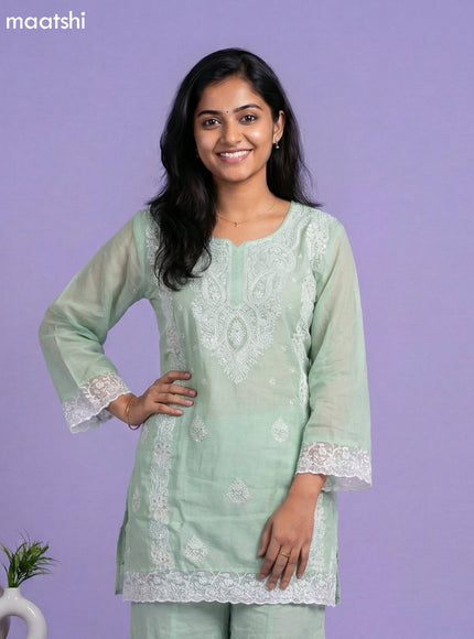 Pastel Green Cotton Embroidery Work Short Straight Suit