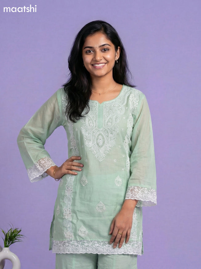 Pastel Green Cotton Embroidery Work Short Straight Suit