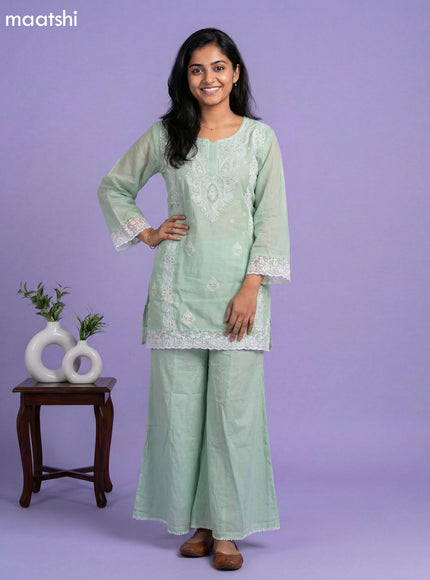 Pastel Green Cotton Embroidery Work Short Straight Suit