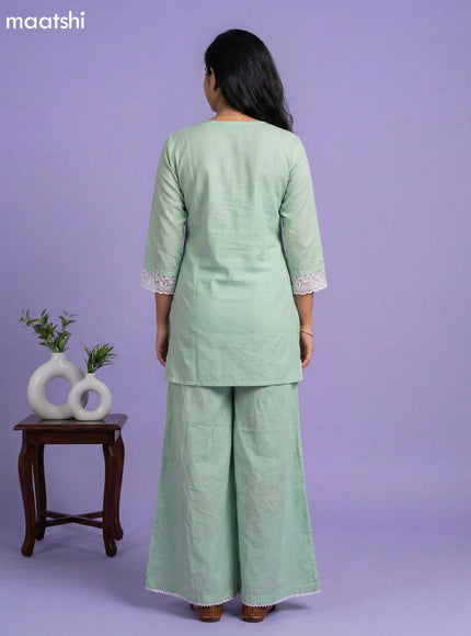 Pastel Green Cotton Embroidery Work Short Straight Suit