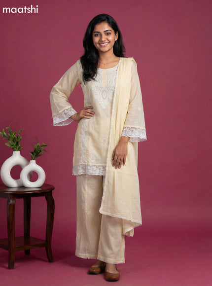Pale Yellow Cotton Embroidery Work Short Straight Suit