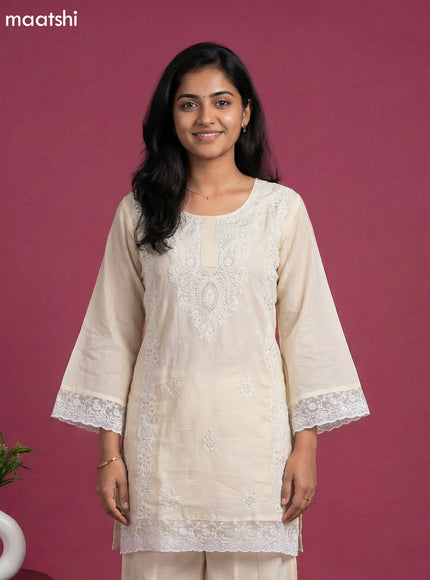 Pale Yellow Cotton Embroidery Work Short Straight Suit