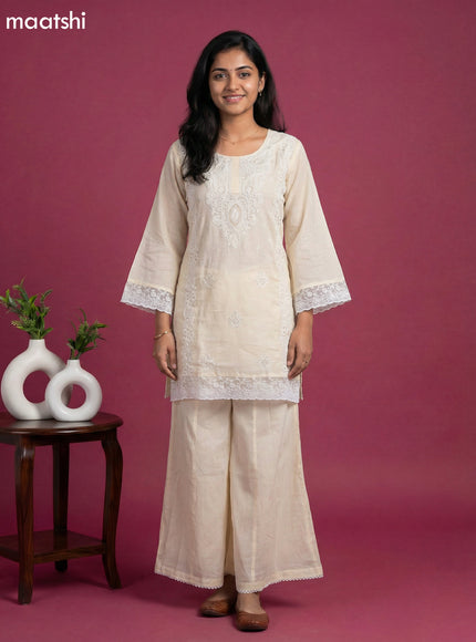 Pale Yellow Cotton Embroidery Work Short Straight Suit