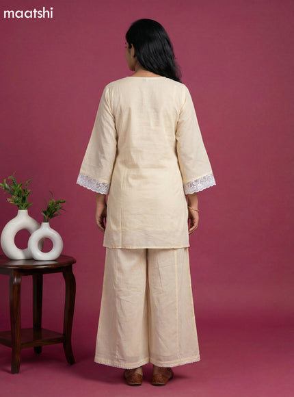 Pale Yellow Cotton Embroidery Work Short Straight Suit