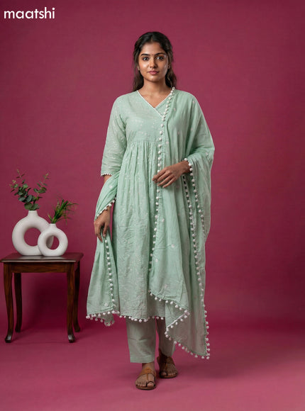 Pastel Green Cotton Embroidery Work Anarkali Suit