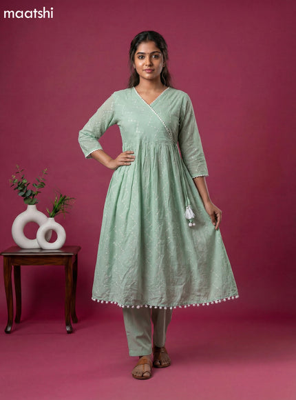 Pastel Green Cotton Embroidery Work Anarkali Suit