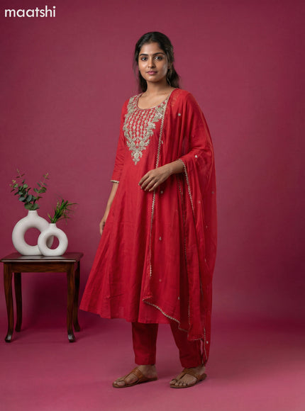Red Art Tussar Embroidery Work Anarkali Suit