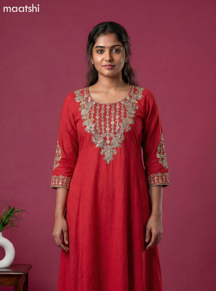 Red Art Tussar Embroidery Work Anarkali Suit