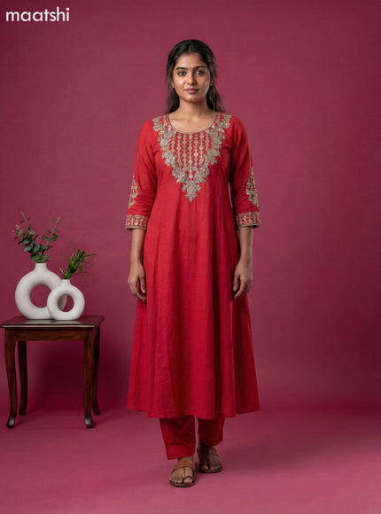 Red Art Tussar Embroidery Work Anarkali Suit