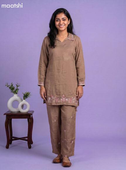 Pastel Brown Russian Silk Embroidery Work Co-Ord Set