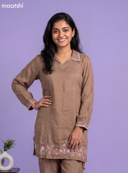 Pastel Brown Russian Silk Embroidery Work Co-Ord Set