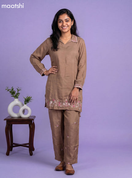 Pastel Brown Russian Silk Embroidery Work Co-Ord Set