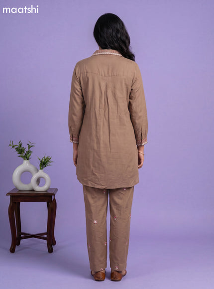 Pastel Brown Russian Silk Embroidery Work Co-Ord Set