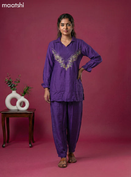 Violet Art Tussar Embroidery Work Short Co-Ord Set