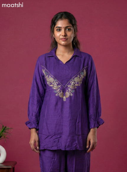 Violet Art Tussar Embroidery Work Short Co-Ord Set