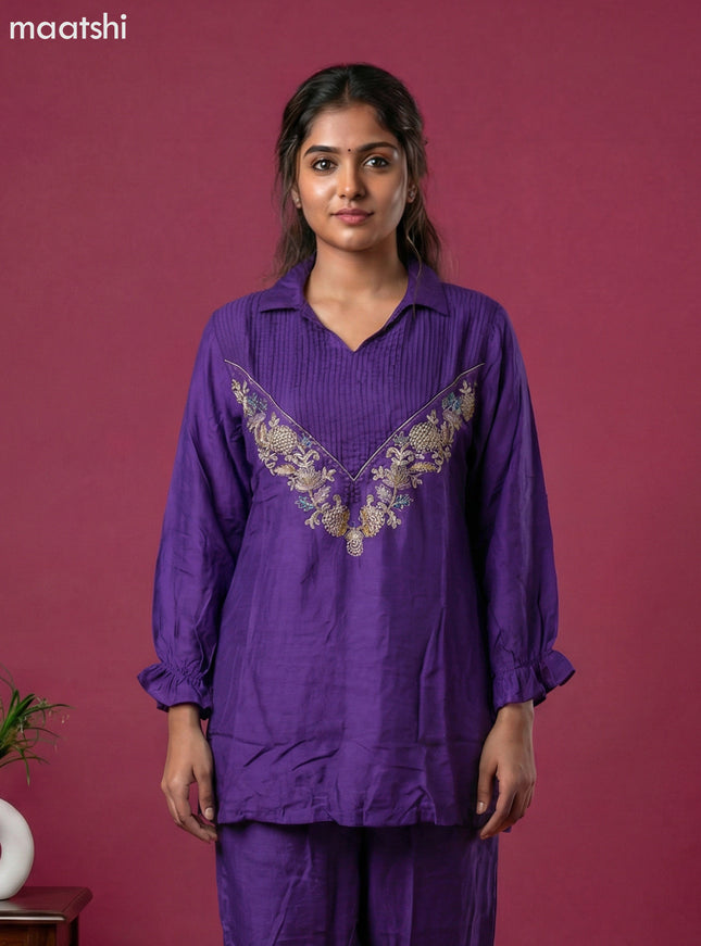 Violet Art Tussar Embroidery Work Short Co-Ord Set