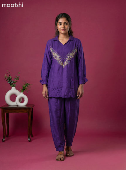 Violet Art Tussar Embroidery Work Short Co-Ord Set