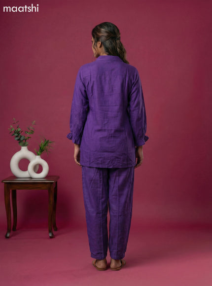 Violet Art Tussar Embroidery Work Short Co-Ord Set