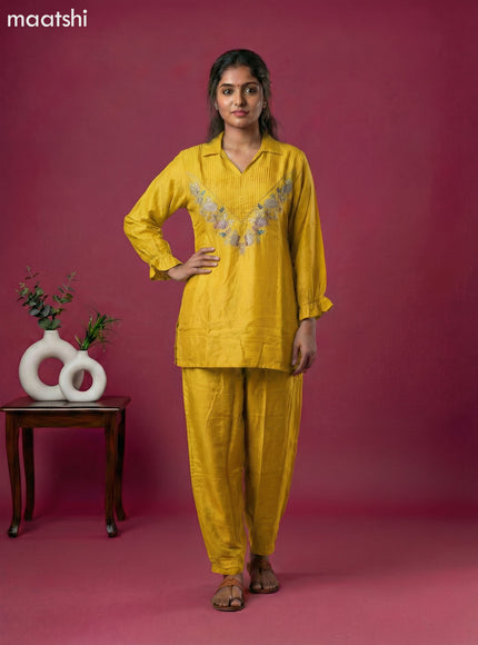 Yellow Art Tussar Embroidery Work Short Co-Ord Set