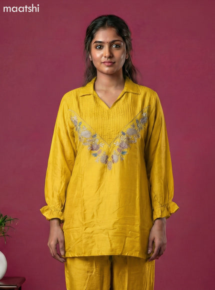 Yellow Art Tussar Embroidery Work Short Co-Ord Set