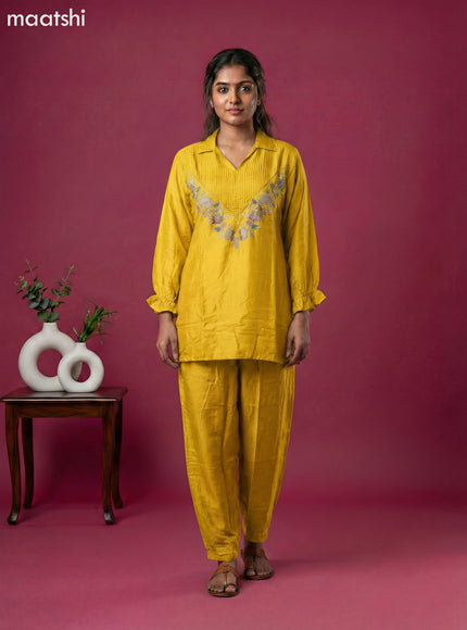 Yellow Art Tussar Embroidery Work Short Co-Ord Set