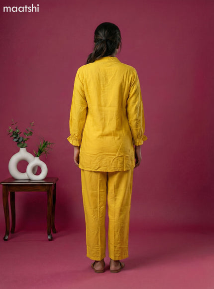 Yellow Art Tussar Embroidery Work Short Co-Ord Set