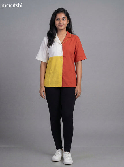 Off White and Rust Mustard Cotton Collar Neck Pattern Women Shirt