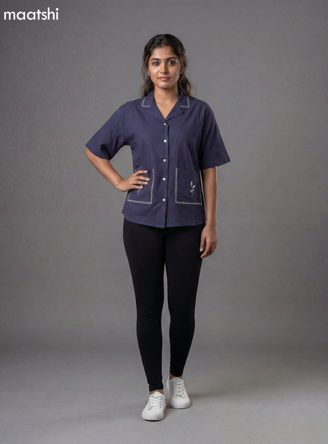 Navy Blue Cotton Embroidered Women Shirt
