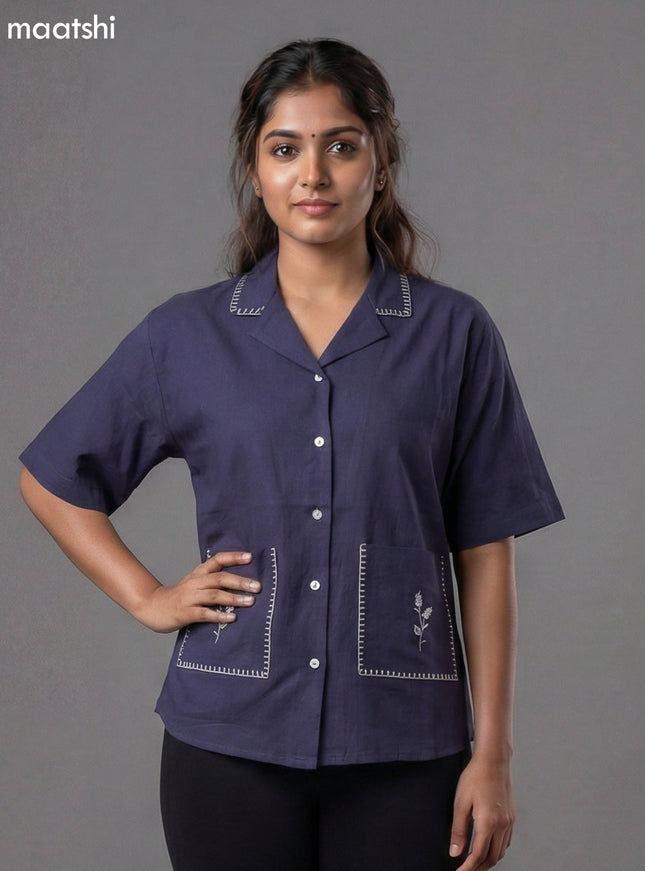 Navy Blue Cotton Embroidered Women Shirt