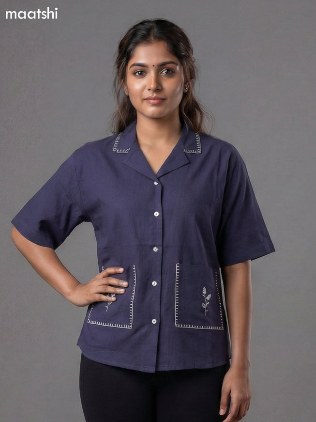 Navy Blue Cotton Embroidered Women Shirt