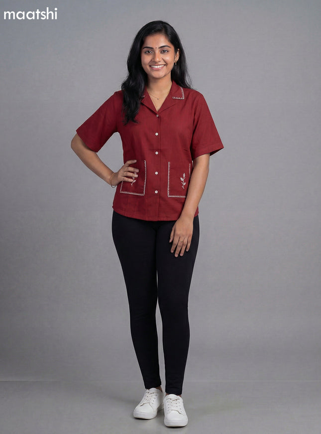 Maroon Cotton Embroidered Women Shirt